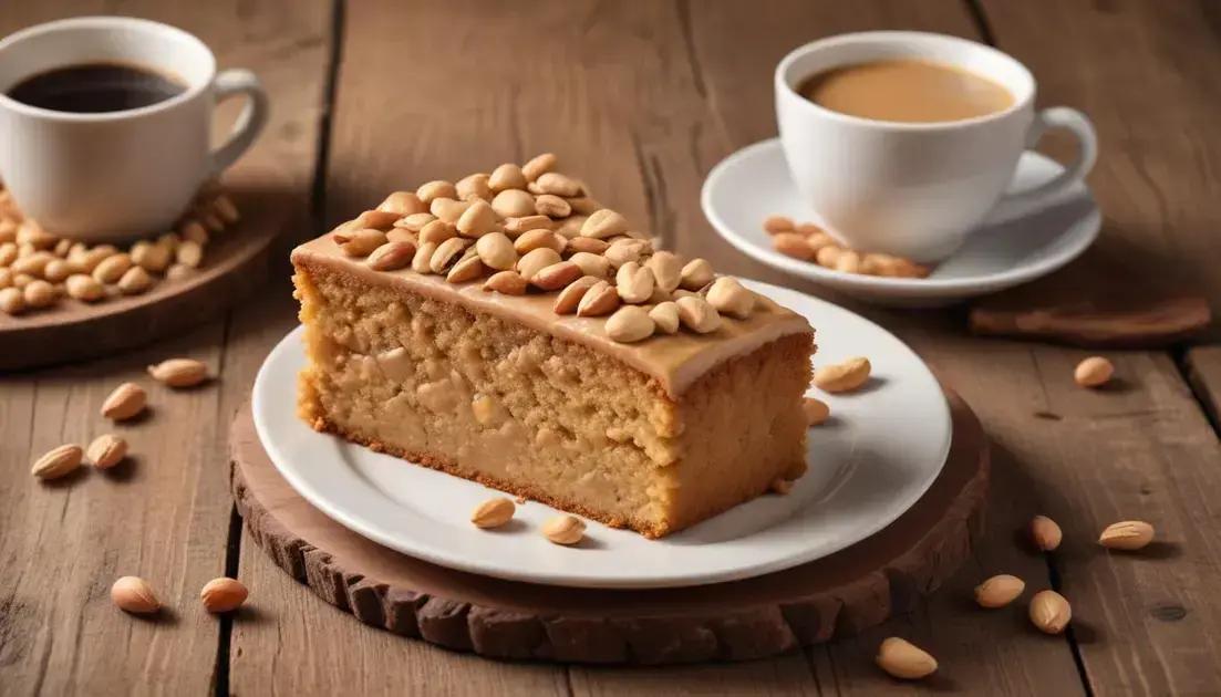 Bolo de Amendoim, Feito com farinha de trigo, leite, ovos e bastante amendoim moído — sabor intenso e perfeito com café.