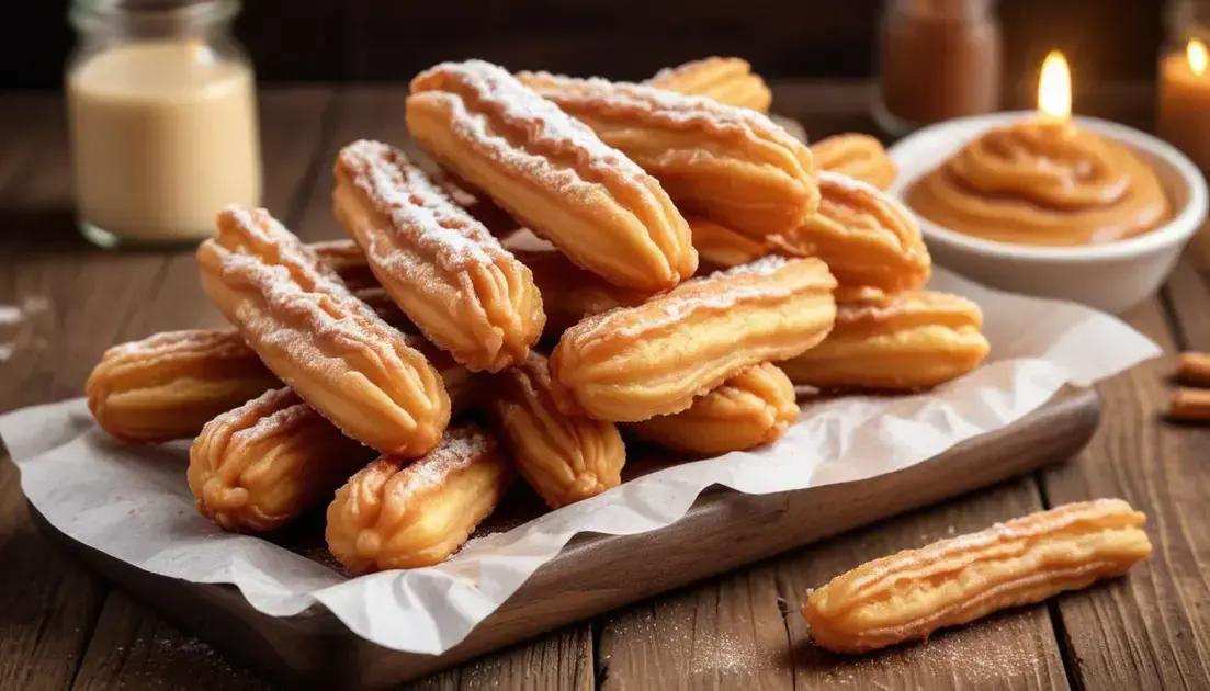 Churros Assados com Recheio de Doce de Leite, Massa leve assada e recheada, polvilhada com canela e açúcar — mais leve que os fritos.