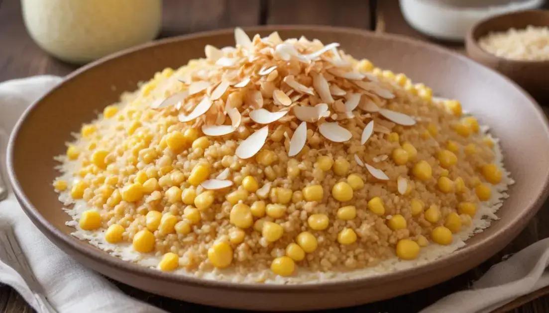 Cuscuz Doce com Coco e Leite Condensado, Cuscuz de milho flocado hidratado com leite de coco, finalizado com leite condensado e coco ralado.