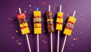 Espetinho de Frutas com Chocolate, Frutas da estação no palito cobertas com chocolate derretido e granulado colorido — ótima opção para crianças.