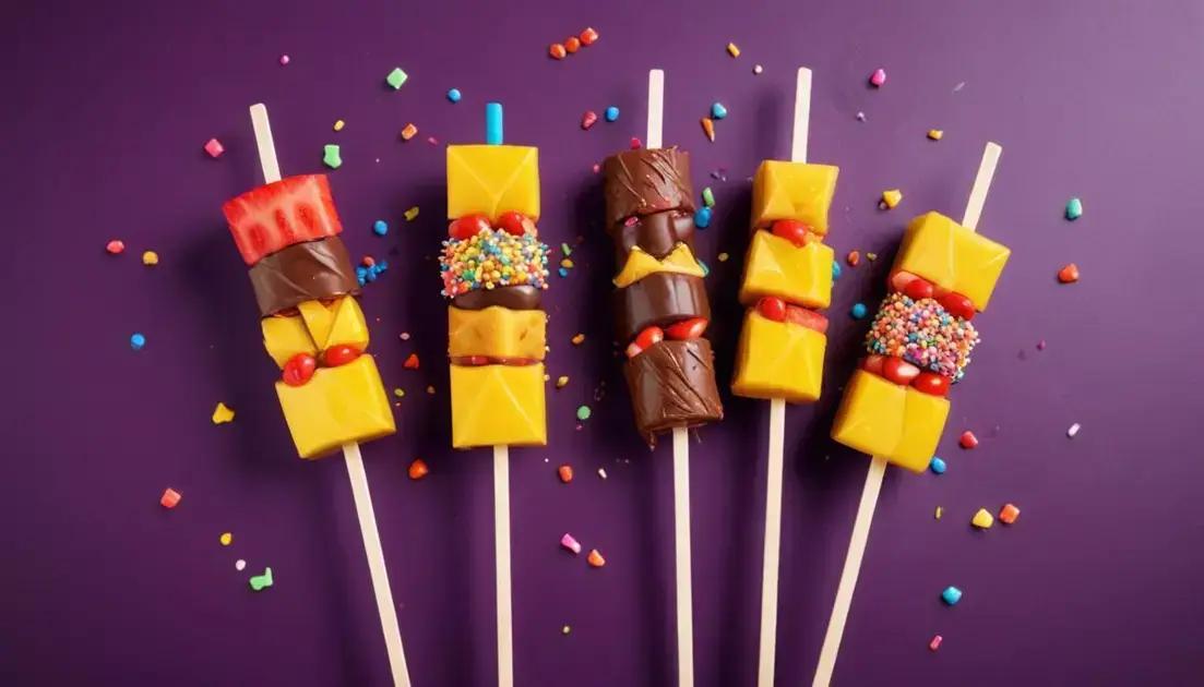 Espetinho de Frutas com Chocolate, Frutas da estação no palito cobertas com chocolate derretido e granulado colorido — ótima opção para crianças.