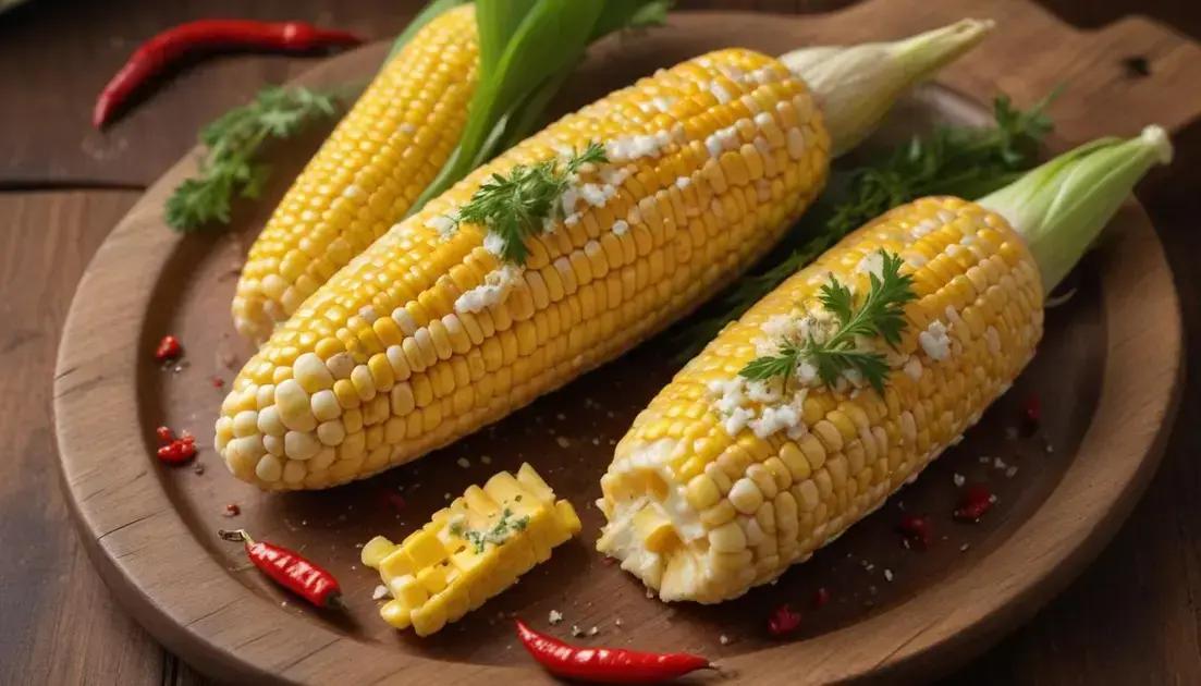 Milho Cozido na Manteiga Temperada, Clássico milho cozido, servido com manteiga aromatizada com ervas ou pimenta calabresa.